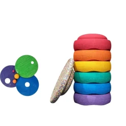 Grimm's x Stapelstein Set - Original Rainbow Classic Set of 7 ( Super Confetti Board) + Grimm's Rolling Disc Set