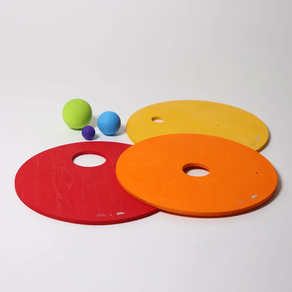 Grimm's x Stapelstein Set - Original Rainbow Classic Complete Set of 8 ( Super Confetti Board) + Grimm's Rolling Disc Set