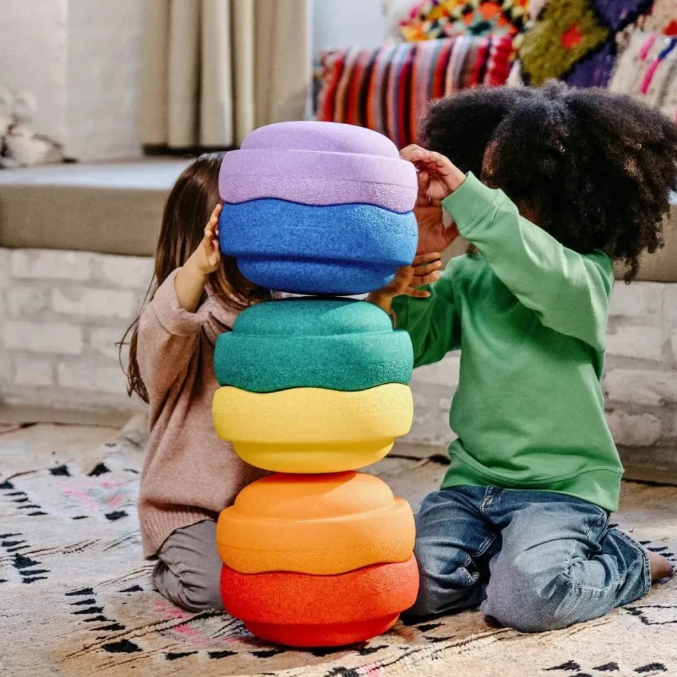 Grimm's x Stapelstein Set - Original Rainbow Classic Complete Set of 8 ( Super Confetti Board) + Grimm's Rolling Disc Set