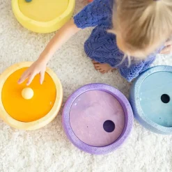Grimm's x Stapelstein Set - Original Rainbow Complete Pastel Set of 8 ( Super Confetti Board) + Grimm's Rolling Disc Set