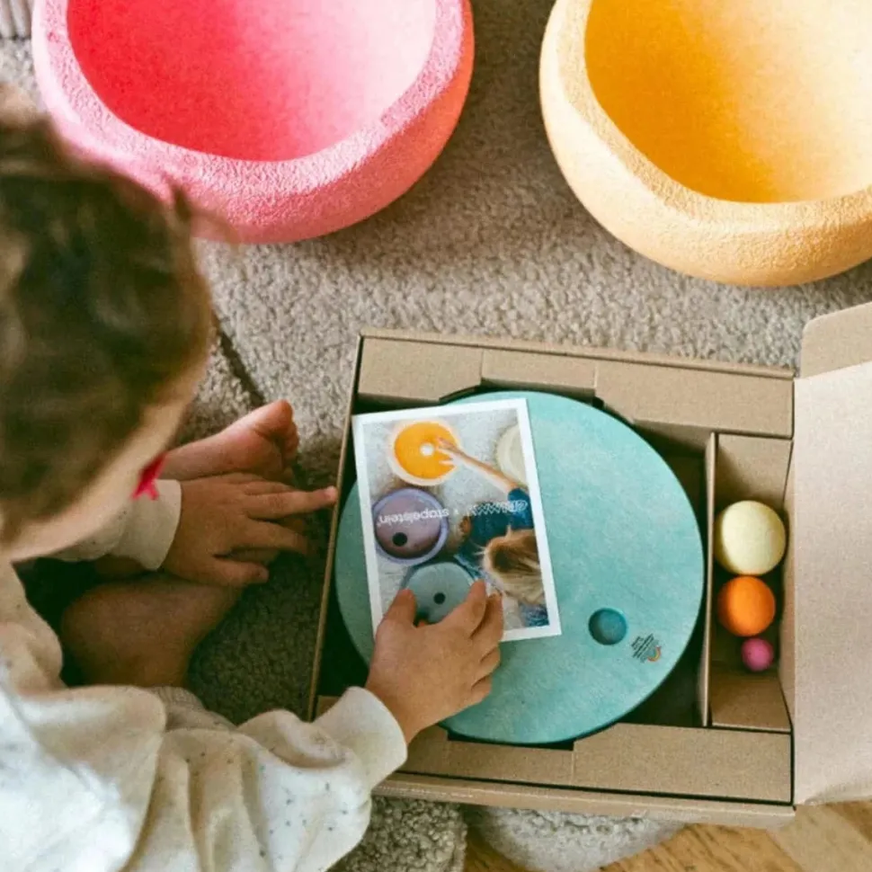 Grimm's x Stapelstein Set - Original Rainbow Complete Pastel Set of 8 ( Super Confetti Board) + Grimm's Rolling Disc Set