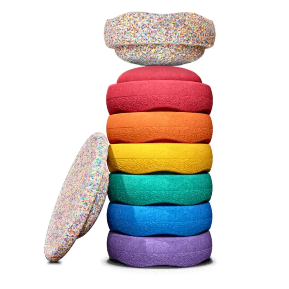 Grimm's x Stapelstein Set - Original Rainbow Classic Complete Set of 8 ( Super Confetti Board) + Grimm's Rolling Disc Set