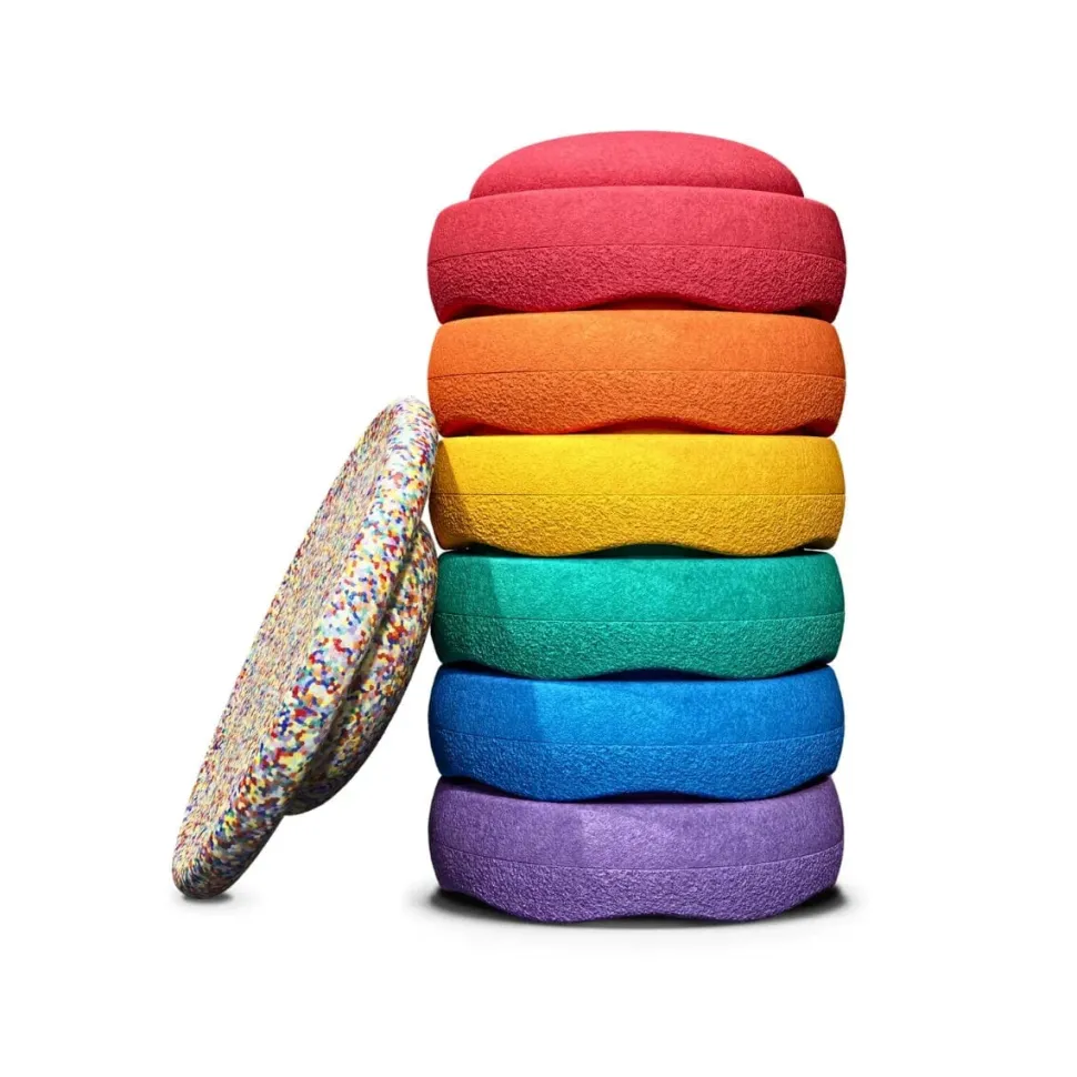 Grimm's x Stapelstein Set - Original Rainbow Classic Set of 7 ( Super Confetti Board) + Grimm's Rolling Disc Set
