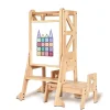 My Duckling New Deluxe Solid Wood Adjustable Learning Tower - Flag with Duck Stool Handle