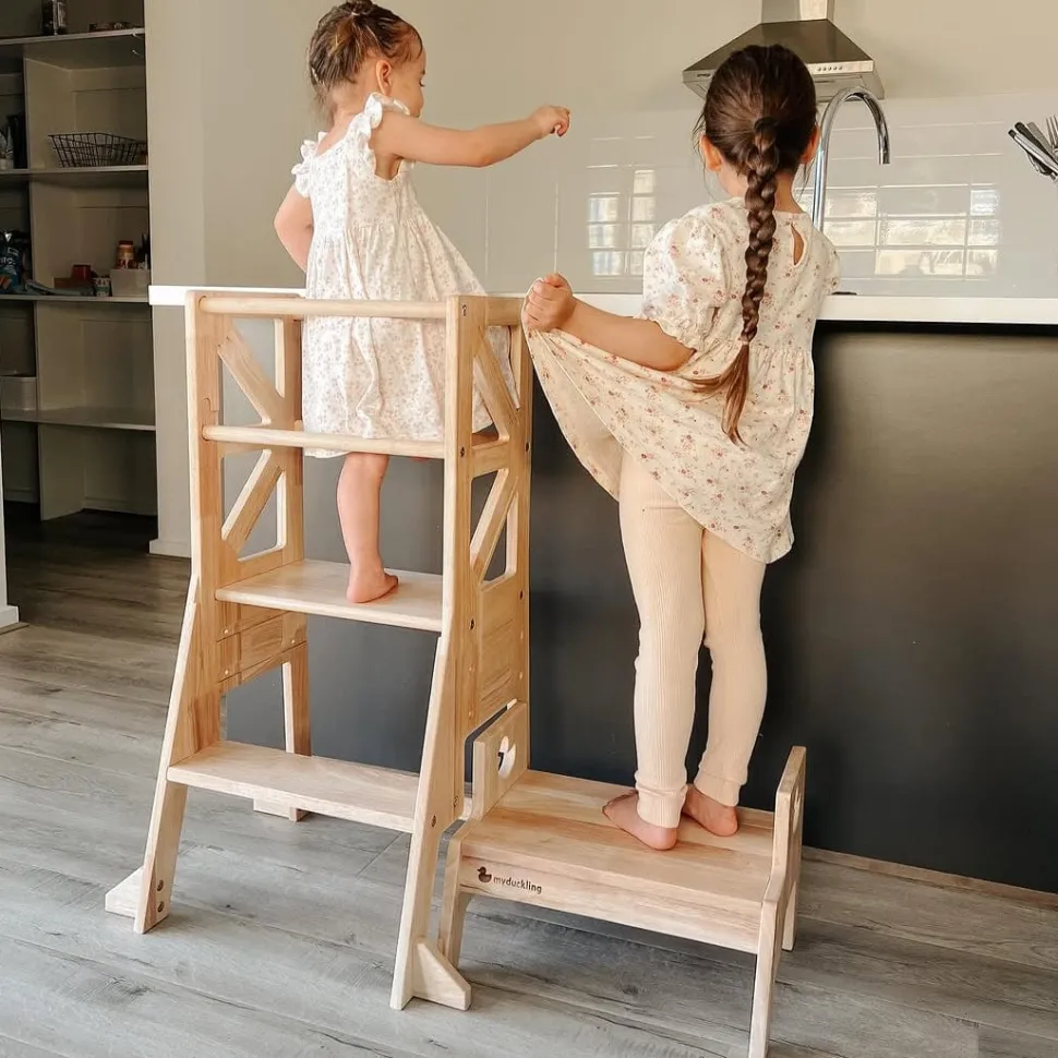 My Duckling New Deluxe Solid Wood Adjustable Learning Tower - Flag with Duck Stool Handle